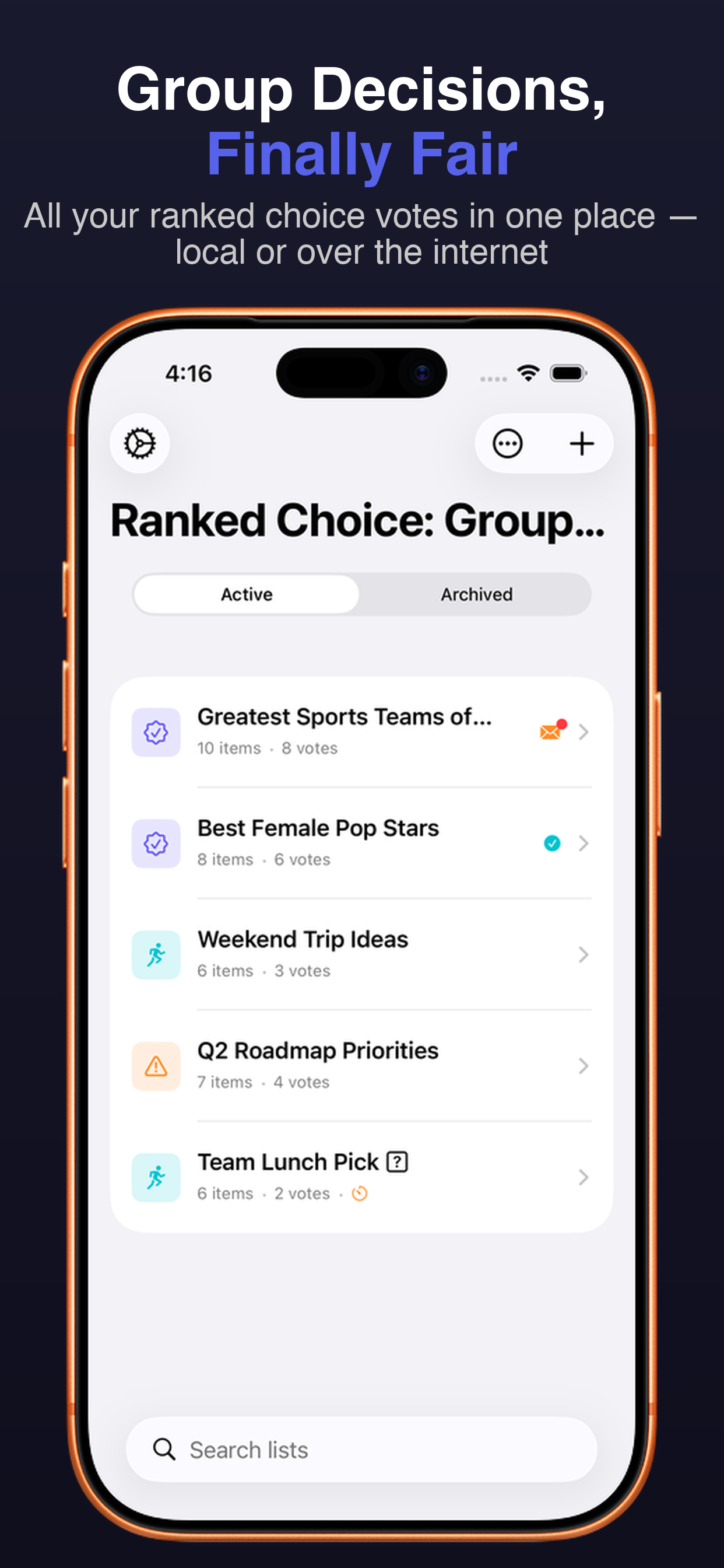 Ranked Choice app showing round-by-round voting results
